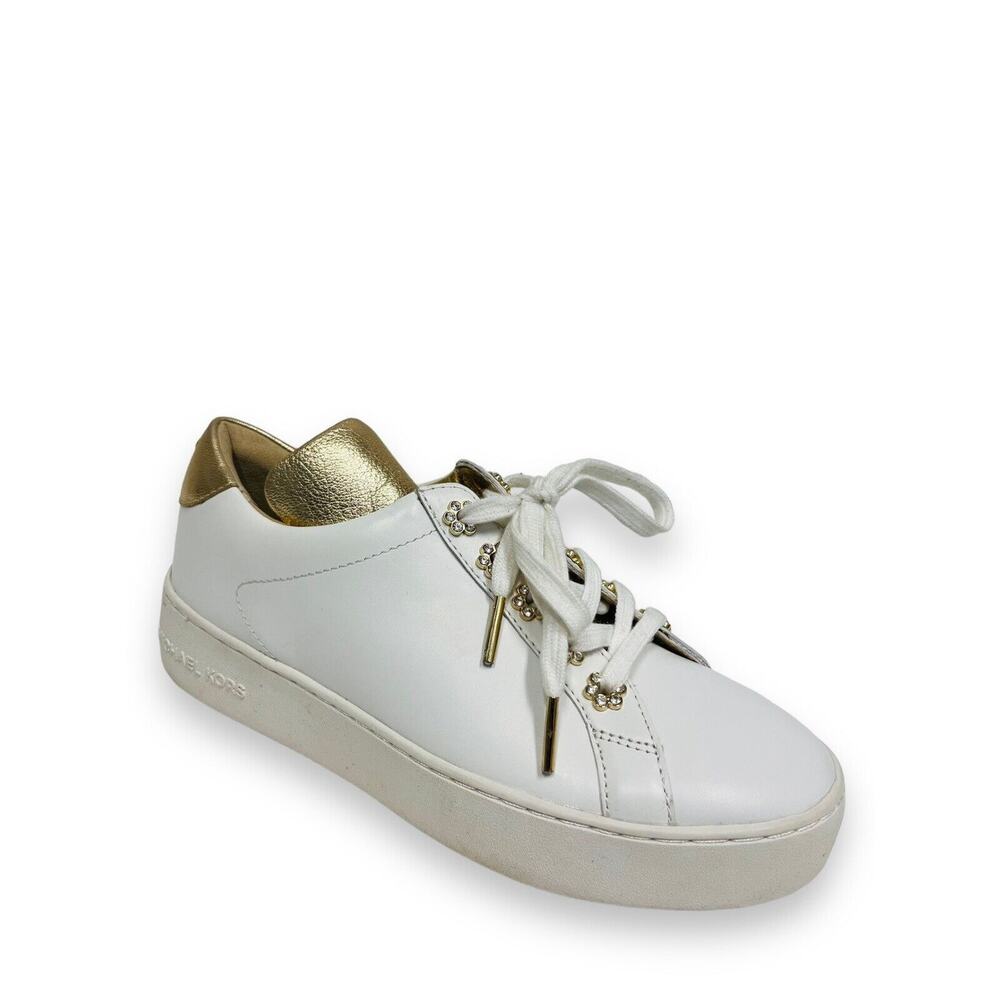 MICHAEL KORS White Gold Leather Irving Floral Accent Logo Lace Up Sneakers 6.5 - Picture 2 of 7